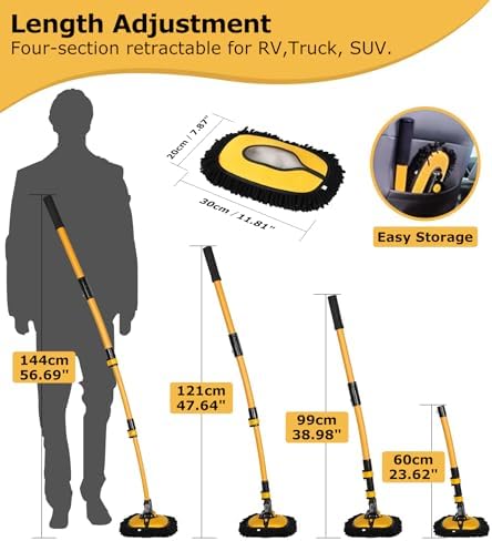 anngrowy 56.7" Car Wash Brush Mop Kit Mitt Sponge with Long Handle Car Cleaning Supplies Kit Tools Car Washing Duster Exterior Scratch Free, Chenille Replacement Head Extension Pole - Image 4
