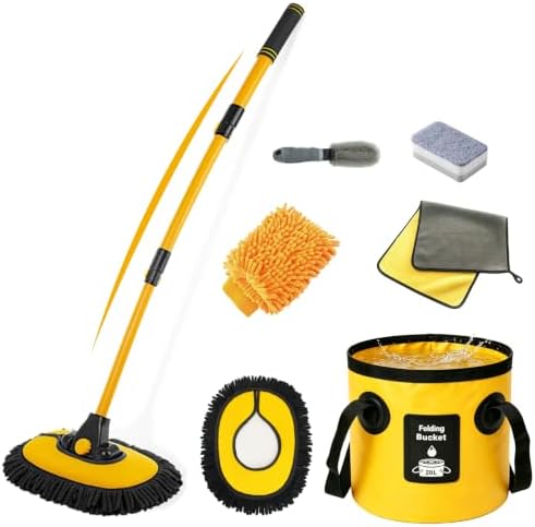 7 in 1 Car Wash Kit with 20L Folding Bucket & Brush, Extendable Car Wash Brush with 40.5" Long Handle, 15° Curved Aluminum Pole, Scratch-Free Microfiber Chenille Mop for SUV Truck RV, Yellow by AUTOSHARK