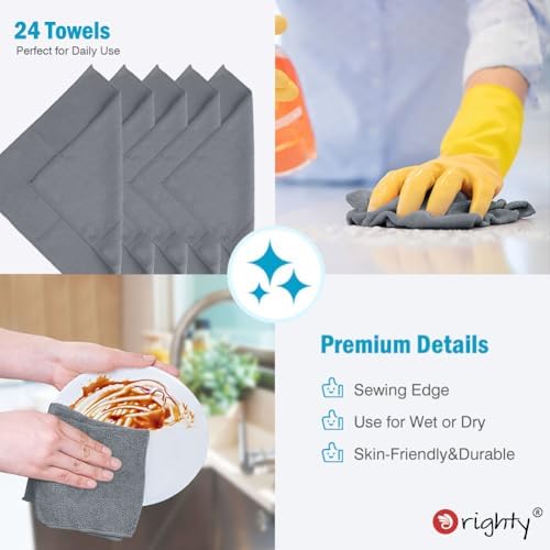Orighty Microfiber Cleaning Cloth, Cleaning Rags, 24 Pack, 12x11 in, Grey - Image 5