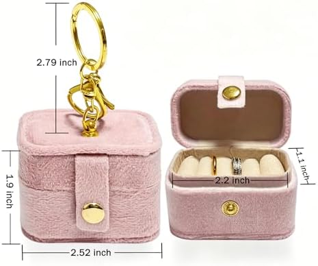 Mini Velvet Ring Box with Keychain Clip, Travel Jewelry Organizer Ring Earrings Storage Box for Proposal Engagement Wedding Ceremony Party, Pet Ring Bearer Accessory, Pink - Image 2