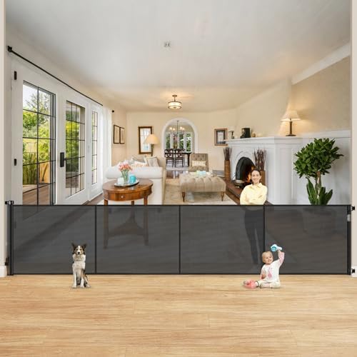 Reinforced 42" Extra Tall Retractable Dog Gate, 200" Extra Wide Baby Gate with Support Rods-Prevent Crawling Through, Outdoor/Indoor Baby Fence/Barrier/Blocker for Home, 16ft Retractable Garage Gate by Babyproofingoutletcovers