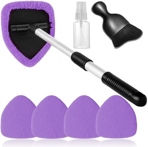 Qydipclin 7pcs Windshield Cleaner Tool Car Window Cleaning Wash Kit with 4 Reusable Microfiber Pads 1 Spray Bottle and Extendable Handle Auto Glass Wiper Kit, Purple - Image 7