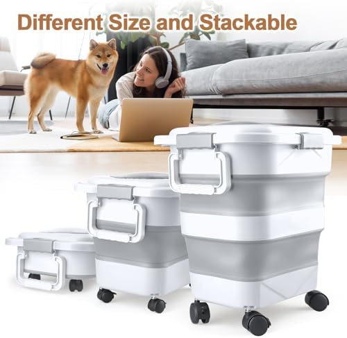 Dog Food Storage Container, 10-20 lbs Airtight Collapsible Cat Food Storage Container with Attachable Wheels, Portable Handle, Dog Food Scoop for Dog Cat Bird Pet Dry Food Storage Bin Light Grey - Image 5