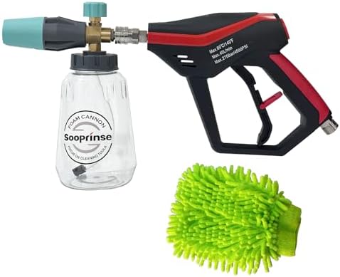 Sooprinse Pressure Washer Gun with Foam Cannon Snow Foam Lance, Short Pressure Washer Gun with Foam Cannon with 1/4 Inch Quick Connector, Power Washer Foam Blaster with Car Wash Mitt, 4000 PSI,1 Liter by Sooprinse