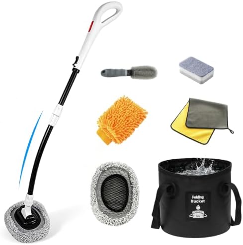 7-in-1 Car Wash Kit with 20L Folding Bucket & Brush – Car Wash Mop with Long Handle, 15° Curved Aluminum Pole for SUV Roof, Car Washing Brushes & Cleaning Supplies, RVs-White. by AUTOSHARK