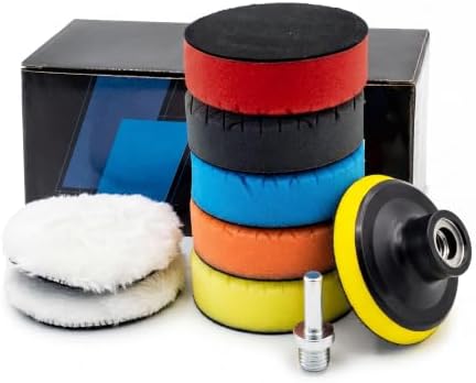9Pcs Buffing Polishing Pads Kit, 3 Inch Buffing Pads, Sponge & Woolen Pads with M14 Drill Adapter & Backing Plate for Car Care, Polishing, Washing, Cleaning, Waxing by OFISPEED