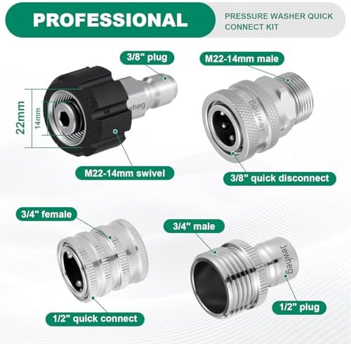 Jewheg 2026 Upgraded Version，Pressure Washer Quick Connect Kit, Stainless Steel Pressure Washer Adapter Set, M22 Swivel 14mm to 3/8 Inch Quick Disconnect，3/4 Inch Hose Fittings - Image 3