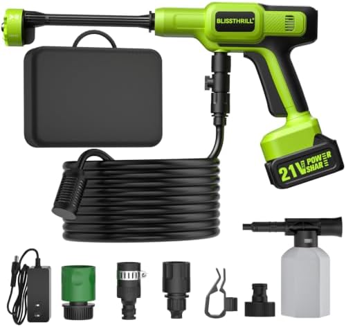 Cordless Portable Washer, 1100 PSI Battery Operated Washer with All-Copper Motor, Battery, 23FT Hose, Storage Bag; Handheld Washer; Lightweight Car Washer for Home, Garden (Lime Green) by Blissthrill