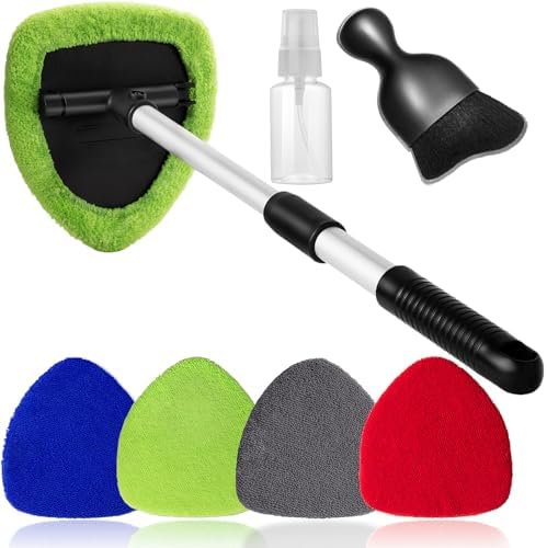 Qydipclin 7pcs Windshield Cleaner Tool Car Window Cleaning Wash Kit with 4 Reusable Microfiber Pads 1 Spray Bottle and Extendable Handle Auto Glass Wiper Kit, Multicolor - Image 7