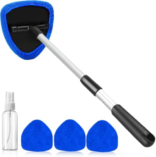 desin Windshield Cleaning Tool, Car Window Cleaner Windshield Cleaner with 4 Reusable and Washable Microfiber Pads and Extendable Handle Auto Inside Glass Wiper Kit (Dark Blue) by DESIN