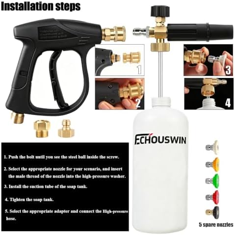 High Pressure Washer Gun with Foam Cannon, Car Wash Foam Gun with 1/4" Quick Connector, Pressure Washer Foam Cannon Kit with 5 Pressure Washer Nozzle Tips, 2 Adapter, 1 Liter - Image 6