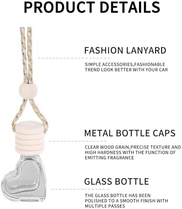 5PCS Hanging Car Air Freshener, Auto Interior Decoration 8 ml Oil Diffuser Perfume Aromatherapy Pendant Empty Glass Bottle, Fragrance Ornament with Vent Clip Wooden Cap and Rope (Heart) - Image 4