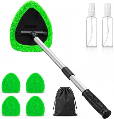 25.5" Extra-Long Reach – Super Absorbent Coral Velvet Windshield Cleaner Tool, Streak-Free Windshield Cleaning Tool Kit with 5 Pads, 2 Spray Bottles & Storage Bag for Auto Glass & Home Windows, Green by FurnisHIQ