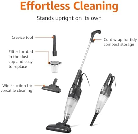 Amazon Basics 2-in-1 Corded Stick Vacuum Cleaner, Converts to Handheld, Lightweight (3.9 LBS), with Washable Filter, Crevice Tools, 0.5L Dust Cup, Self-Standing, 19.7-Ft Cord, 300W, Black - Image 2