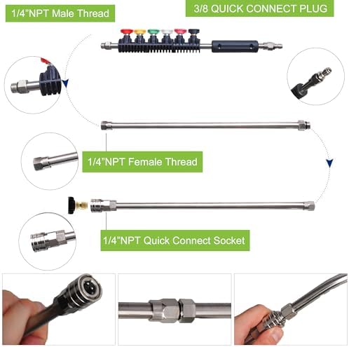 Hourleey 9 Pack Pressure Washer Extension Wand Upgrade Power Washer Lance with 6 Nozzle Tips, 30°,90°,120° Curved Rod, 1/4" Quick Connect, 4000 PSI - Image 2