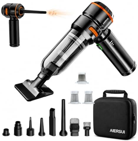 Super-Powered car mini Vacuum Cleaner 80,000RPM, Four-in-one: Blower, Vacuum Cleaner, air Extractor, and Pump. Handheld dust Collector, Handheld dust Blower, Hair Dryer, Cordless (Orange) by AIERSUI