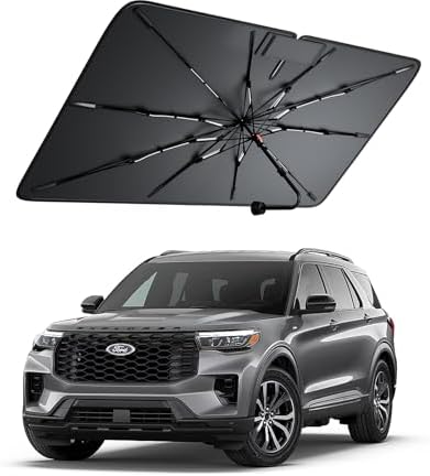 Windshield Sun Shade for Ford Explorer 2020–2026, Foldable Umbrella Sunshade with 100% UV Block, Multi-Layer Heat Insulation, Reinforced 10-Rib Frame, Keeps Car Cooler, Summer Car Accessory by Amadaw
