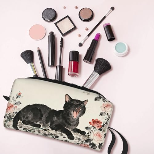 Yawning Black Cat Roses Makeup Bag for Women with Wrist Strap | Durable 600D Oxford Fabric Cosmetic Organizer,Compact Travel Pouch with Handle for Gym & Daily Use - Image 6