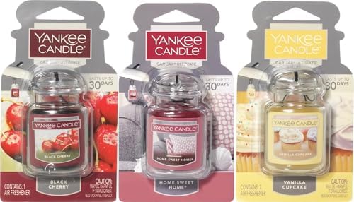 Yankee Candle Car Jar Ultimate, Vanilla, Black Cherry & Home Sweet Home, Hanging Air Freshener, Neutralizes Odors with Authentic Fragrance for Travel or Home, 3 Units (Variety Pack) by YankeeCandle