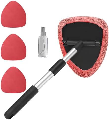 Car Window Cleaner, Car Cleanser Brush, Car Accessories Car Cleaning Supplies Tools, Car Cleaning Kit with Extendable Handle, Microfiber Cloth, Spray Bottle, Fits All Cars (Red) by Unknown