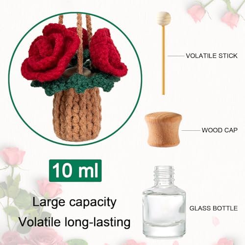 Crochet Car Charm With Empty Refillable Oil Diffuser Bottle. Crochet Plant for Car Rearview Mirror Decor, Handmade Home and Office Decor (Rose) - Image 2
