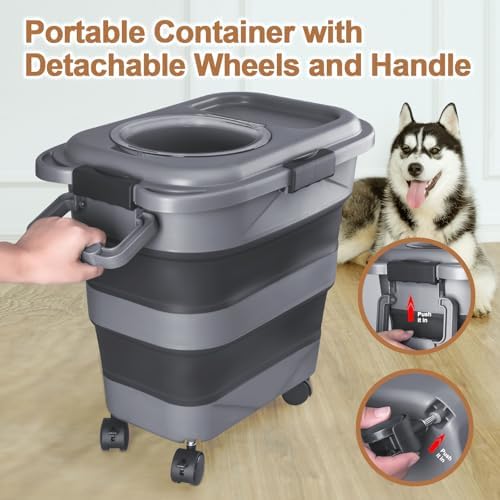 Dog Food Storage Container，23-25 lbs Airtight Collapsible Cat Food Storage Container with Attachable Wheels, Portable Handle, Dog Food Scoop for Dog Cat Bird Pet Dry Food Storage Bin Dark Grey - Image 3