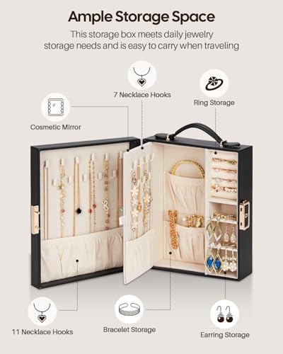 Enthralite Portable Travel Jewelry Case: Jewelry Box with Lock and Mirror | Quality PU Leather & Velvet Lined Jewelry Organizer - Large Capacity for Ring Earring Large Necklaces - Birthday Gift for Her - Image 4