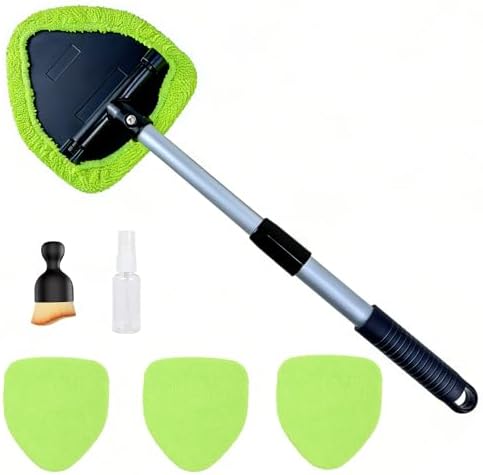 Microfiber Car Windshield Cleaning Tool with Extendable Handle,Car Defogging Glass Cleaning Brush with 4 Reusable Microfiber Pads 1 Spray Bottle and 1 Car Dust Removal Brush. (Green) by GIRLOOKA