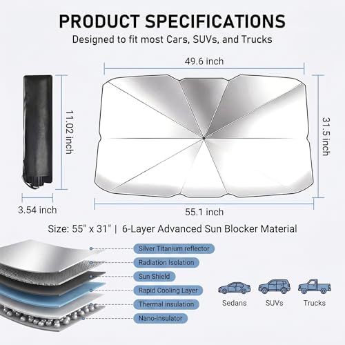 1 PC Foldable Car Windshield Sun Shade, Umbrella-style Retractable Sunshade with Silver Coated Fabric, Universal for Most Cars, Trucks, SUVs (Silver) - Image 3