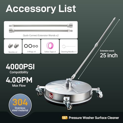 TOR 15" Pressure Washer Surface Cleaner with 4 Wheels, Surface Cleaner for Pressure Washer, 2 Extension Wands, 2 Replacement Nozzles, Power Washer Surface Cleaner for Concrete, Driveway - Image 6