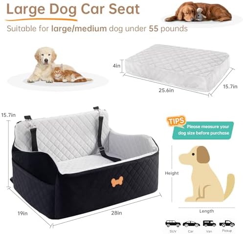 Car Seat for Large Size Dog, Booster Seat for Dogs Under 55 lbs or 2 Small Dogs, Soft Car Dog Bed Filling in Thick Memory Foam with 2 Safety Leashes and Storage Pocket (Grey/Black) - Image 4