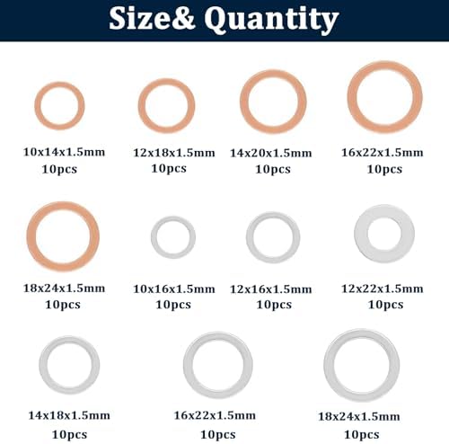 110pcs Oil Drain Plug Crush Washer Gasket Seal Assortment 50pcs Cooper and 60pcs Aluminum Oil Plug Washers-10mm 12mm 14mm 16mm 18mm O-105 - Image 2