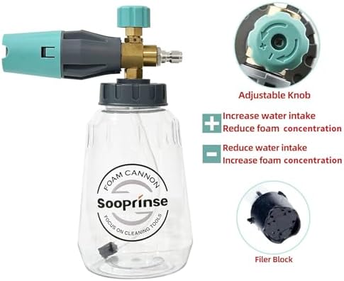 Sooprinse Foam Cannon, Adjustable Snow Foam Lance Transparent Body, Professional Car Foam Blaster with 1/4 Inch Quick Connector, 4000 PSI, 1L - Image 2