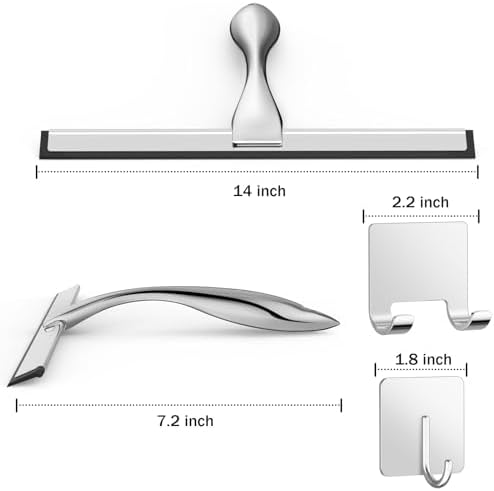 All-Purpose Stainless Steel Shower Squeegee for Shower Glass Door with 2 Adhesive Hooks, Bathroom Cleaner Tool Household Window Mirror Squeegee for Glass Doors, Cleaning Tile Wall, Car, 14 Inch Silver - Image 2