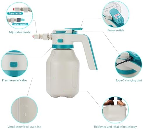 Electric Foam Sprayer Car Wash, 0.5Gallon 2L Rechargeable Battery Power Display Auto Pressure Foamer Spray Bottle, 2 Nozzles Mode Spray - Image 5