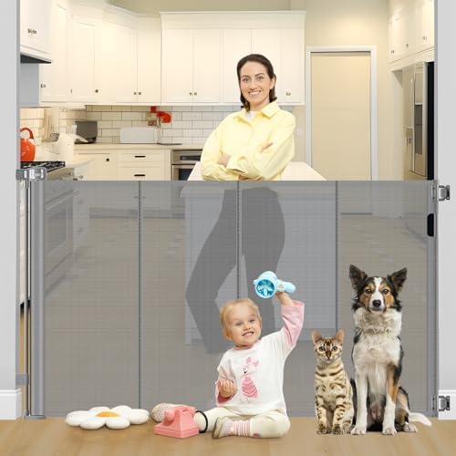 Reinforced 42" Tall X 80" Wide Retractable Baby Gate Extra Tall Cat Gate for Stairs No Sag Retractable Baby Gates for Doorways No Wrinkle Mesh Gates for Kids or Pets with Reinforced Strips, Gray by Babyproofingoutletcovers