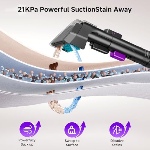 Portable Carpet Cleaner & Upholstery Cleaner Machine - 21Kpa Carpet Cleaner Machine, Self-Cleaning, Deep Cleaner for Pet Stains, Cars, Couch, Rug, Furniture with Dual Brush, Large Tank, Purple - Image 3