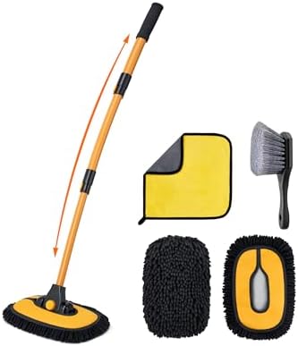 AstroAI 15°Curved Car Wash Brush with 43" Long Handle and 90° Rotating Replaceable Brush Head, Car Wash Kit with Microfiber Towel and Tire Brush for Car, SUV, RV, Floor Cleaning, Yellow by AstroAI