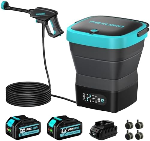 Cordless Washer,Foldable Washer with 2x5.0Ah Battery, 4 Adjustable Model, 4.5Gal Tank 10FT Hose, 6-in-1 Nozzle for Car Washer,Patio,Camping by POXURIO