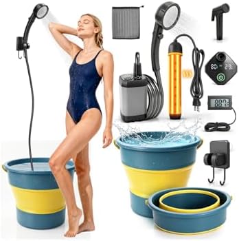 2026 Upgraded Portable Shower with Heater, 6000mAh Rechargeable Camping Shower Pump with LED Display, 3 Spray Modes 5 Gal Foldable Bucket, Outdoor Shower for Hiking RV Travel Pet Bath Car Washing by FCSJOST
