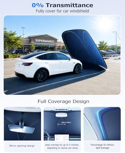 DMJN Front Windshield Sun Shade for Tesla New Model Y, Y & 3 (2017-2026), [Nano Ice-Crystal Coatings] UPF50+ Heat & UV Block, Protect Car Interior & Keep Cool, Flodable Steel-Ring Car Cover for Summer - Image 5
