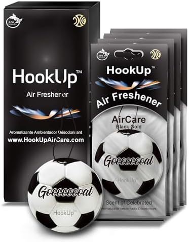 Soccer Car Air Freshener by HookUp - 4 Pack - Black Gold Scent (Extra Strong) | Unique Soccer Gift for Players, Coach, Fans | Hanging Car Accessory with Long Lasting Fresheners Smell by HookUpAirCare
