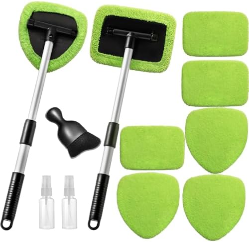 Qydipclin 11pcs Windshield Cleaner Tool, Car Window Cleaning Wash Kit with 6 Reusable Microfiber Pads 2 Spray Bottles and Extendable Handles Auto Glass Wiper Kit, Green by Qydipclin