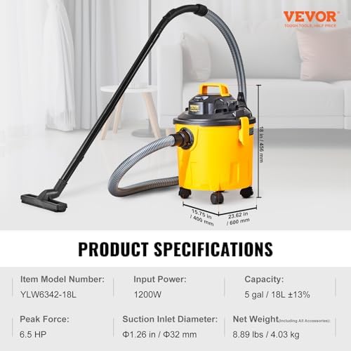 VEVOR 5 Gallon 6.0 Peak HP Wet and Dry Shop Vac， Portable Shop Vacuum and Blower 3-in-1 with Filter, Hose and Attachments for Home and Car Cleaning Black/Yellow - Image 7