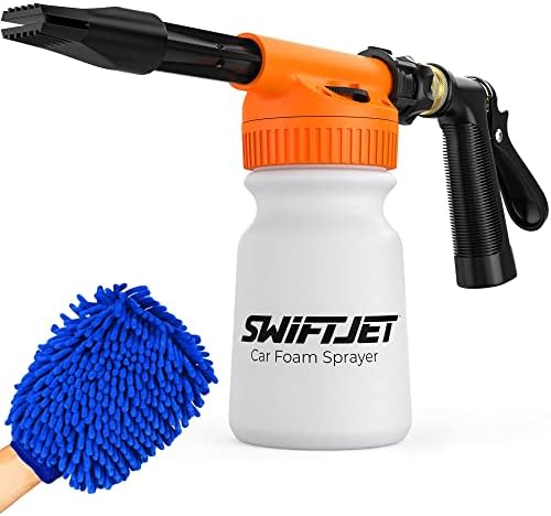 SwiftJet Car Wash Foam Gun + Microfiber Wash Mitt - Foam Cannon Works with Any Soap - Garden Hose Car Foam Sprayer - Car Wash Kit - Car Accessories Foam Blaster (Orange Foam Gun with Mitt) by SwiftJet