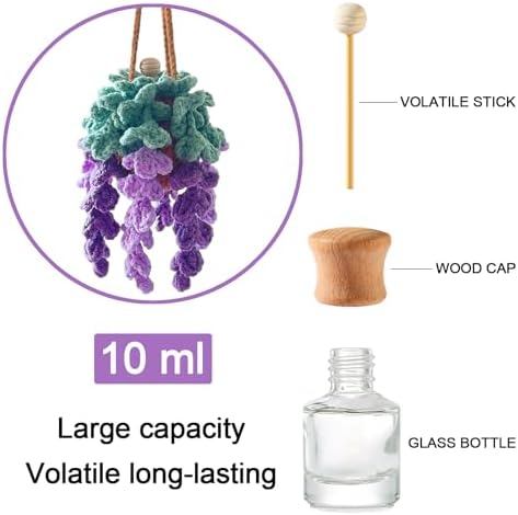 Crochet Car Air Freshener, Empty Refillable Oil Diffuser Bottle with Hanging Crochet Plant for Car Rearview Mirror Decor, Handmade Home and Office Decor (Wisteria) - Image 3