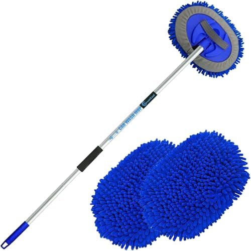 62" Car Wash Brush Mop Kit with Long Handle, 2 in 1 Chenille Microfiber Sponge Mitt Cleaning Detailing Duster for Washing Cars Truck SUV RV Caravans and Household(2 x Mop Head) (Blue) by GreatCool