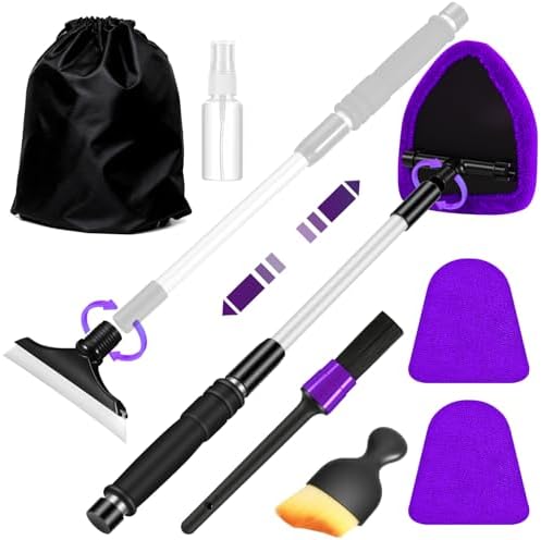 Purple Windshield Cleaner Tool, Car Interior Cleaning Kit with Extendable Handle and 3 Reusable Microfiber Pads, Auto Glass Wiper and Detailing Brush Kit for Car & Home Window by Vioview