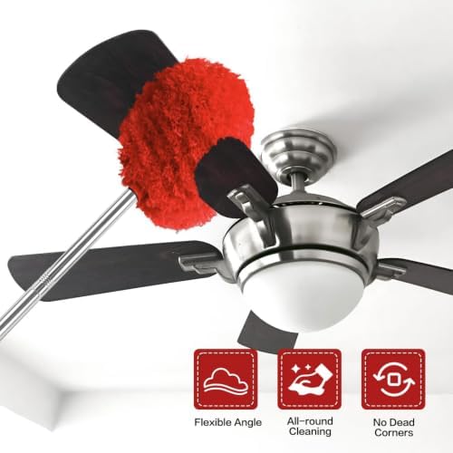Ceiling Fan Cleaner Duster Reusable Microfiber Ceiling Fan Blade Cleaner Removable Duster with Extension Pole Adjusts 13 to 49.7 Inch for Cleaning Walls Bookshelves Furniture Door Window Top (Red) - Image 2