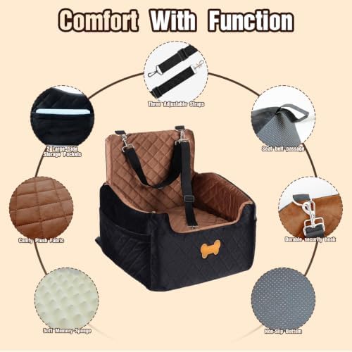 Dog Car Seat for Small Dogs, Dog Booster Seat Filling in Thick Memory Foam with 2 Safety Leashes and Storage Pocket, Suitable for Pet Under 30lb or 2 Puppies (Brown/Black) - Image 5
